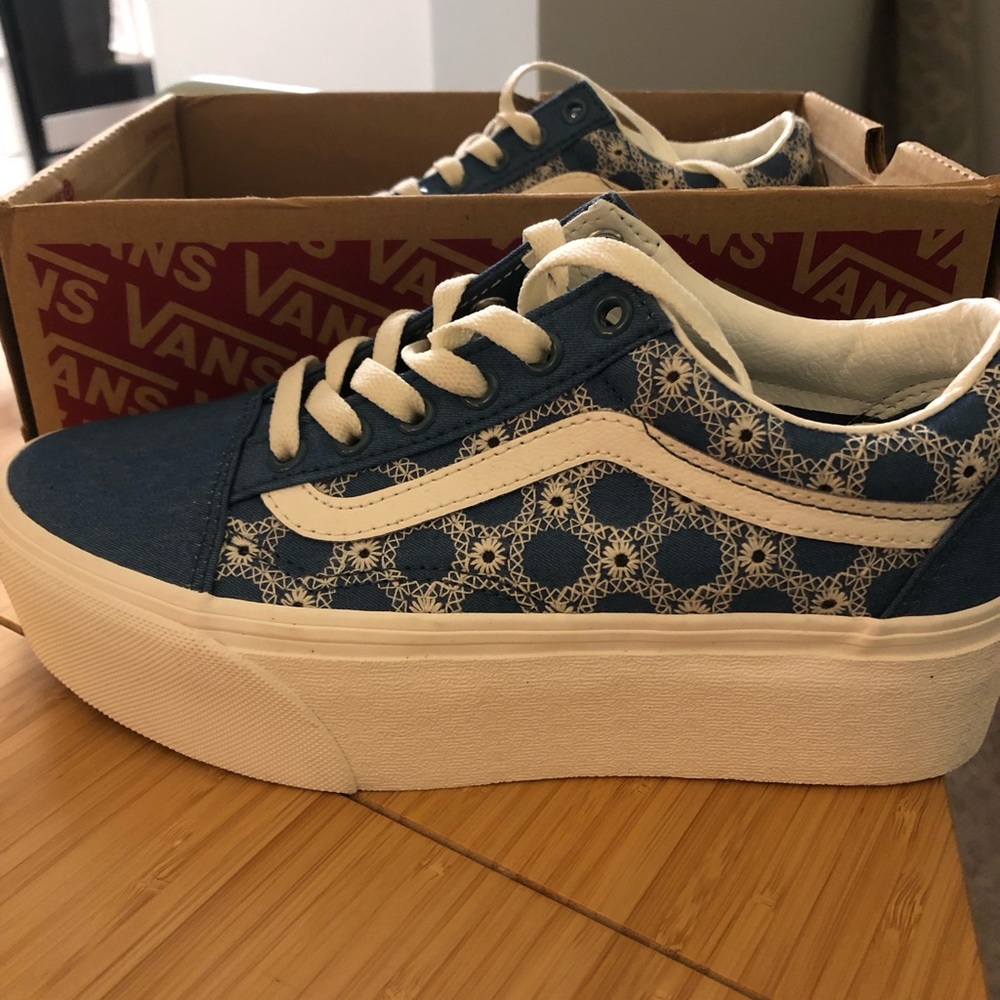New Vans Old Skool Stacked Denim Mix Blue White Platform Sneakers - Picture 5 of 7